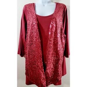 Denim 24/7 Red Brownish 2 In 1 Sequin Round Neck Top 1X Lightweight Stretch Soft